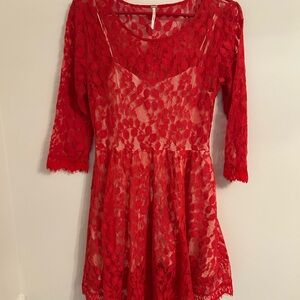 Free People Womens Red Leaf Lace Mini Dress Size 6 Small 3/4 Sleeve, Cream Liner